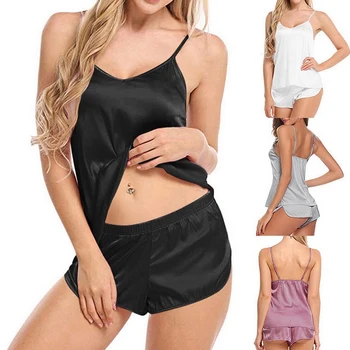 Women Sexy Ice Silky Pajamas Nightclothes Sleepwear Camisole And Shorts White Black Gray L XL XXL Comfortable Casual Summer 4
