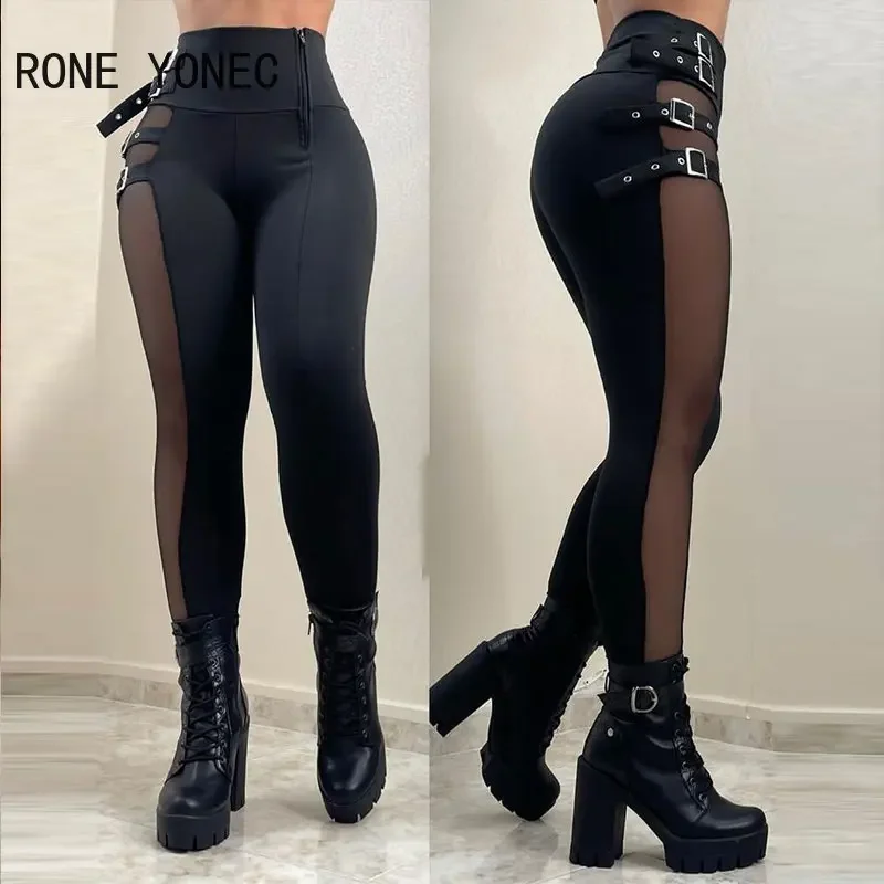 Women Mesh Patch Buckled High Waist Zipper Pants Skinny Spring&Autumn Black Pencil Pants unisex steampunk buckled up bondage arm warmers with metal buckle straps women s black gothic style fingerless gloves