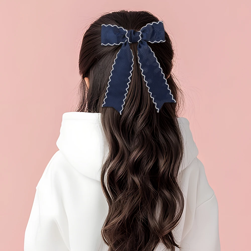 Navy Blue Ribbon Bow Hair Clip Satin Fabric Hairpin Elegant Hair Accessory For Women Girls Sweet Party Daily Headdress Headwear 2