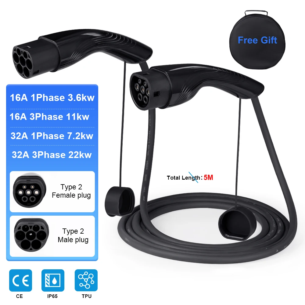 EV Charging Cable 32A 22KW 3 Phase Electric Vehicle Cord 5M Type2 IEC 62196-2 EVSE Charging Station Female to Male Plug Charger