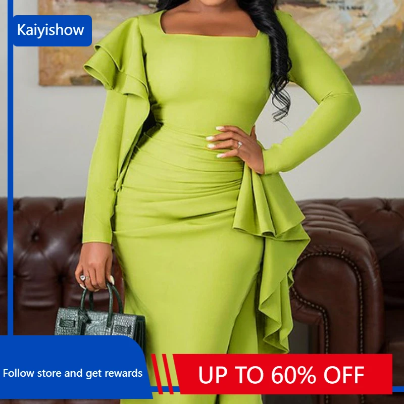 

African Party Dresses for Women 2023 Autumn Elegant African Long Sleeve Green Polyester Bodycon Dress Dashiki African Clothing