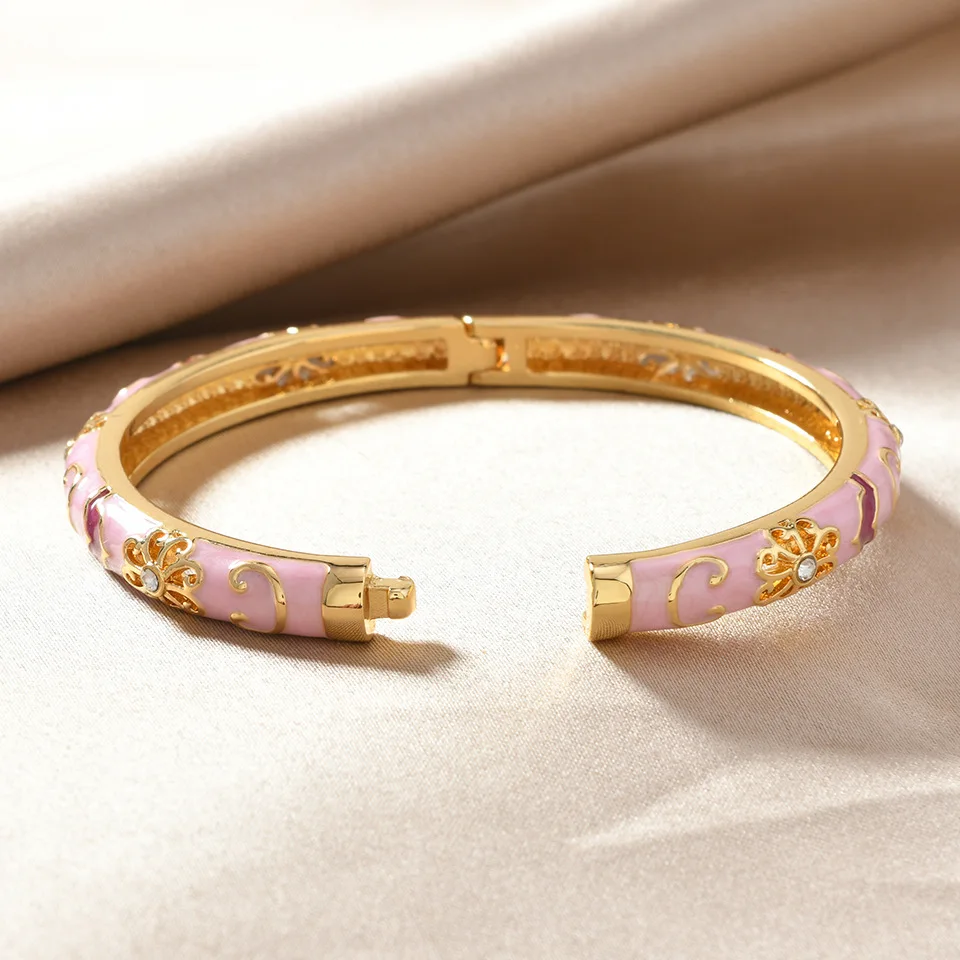 Chinese Style Luxury Stainless Steel Colorful Enamel Flower Bracelet Bangles for Women Charm Zircon Blue and White Porcelain