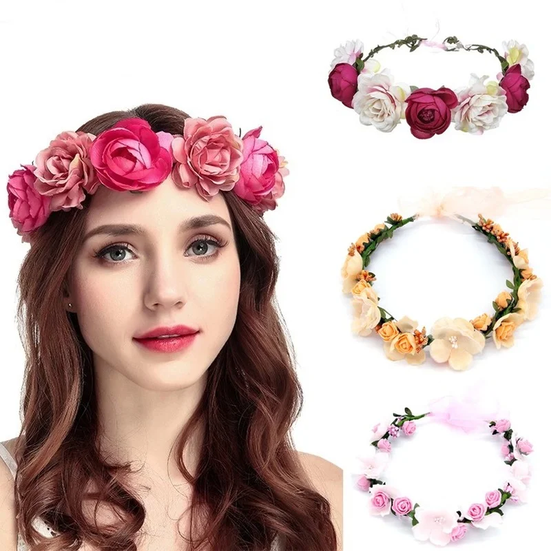 Bohemia Crown Flower Headbands Ribbon Bowknot Floral Hairbands for Women Bride Hair Hoops Beach Wedding Girls Hair Accessories girls elsa anna cinderella princess accessories for cosplay dresses bowknot gloves crown wand neacklace bracelet earrings set