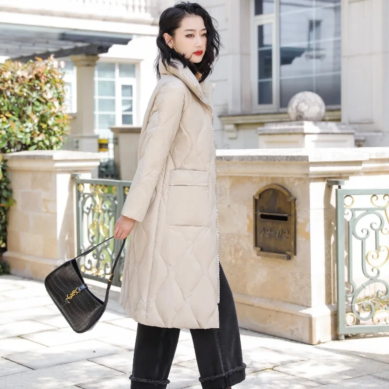 

2023 Winter New White Duck Down Jacket Women's Overknee Mid-Length Stand Collar Loose plus Size Light Coat