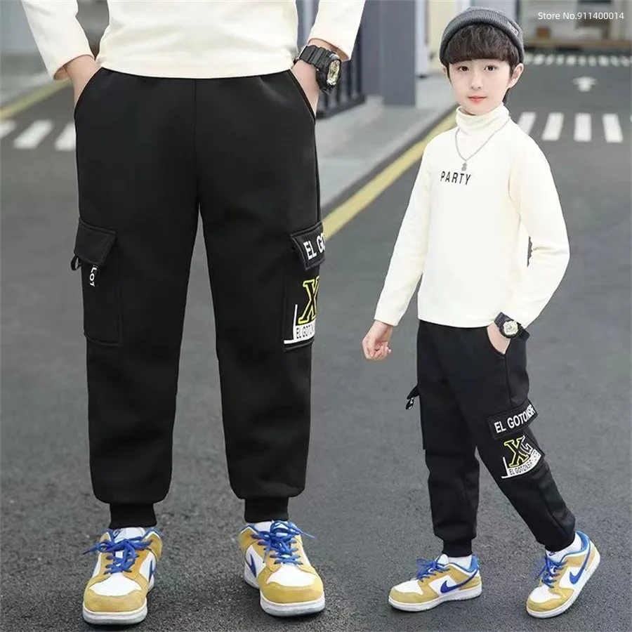 Winter Teenage Boys Warm Thick Pants Cotton Pockets Kids Sports