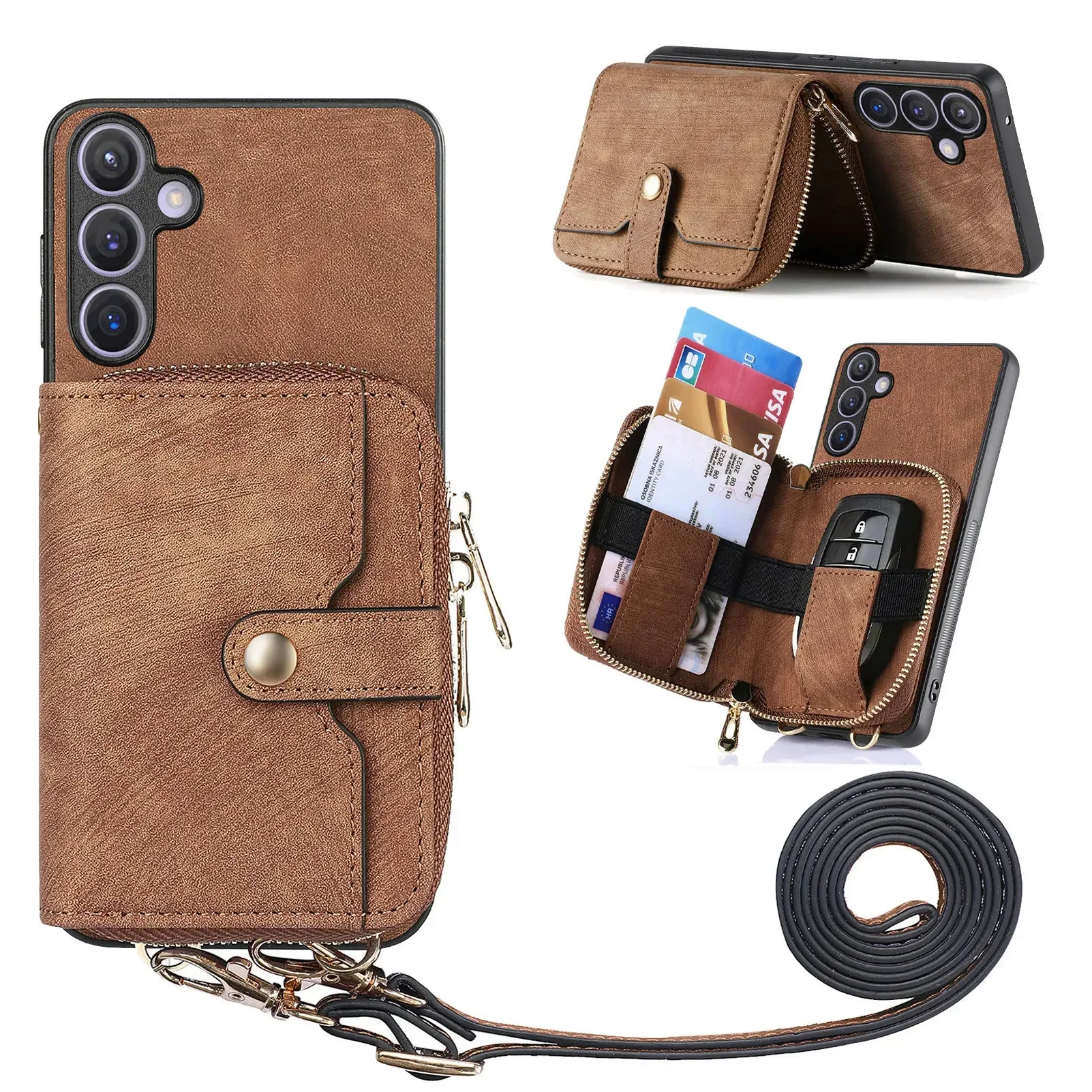 Leather Phone Cover with Zipper Wallet and Lanyard Stand Feature