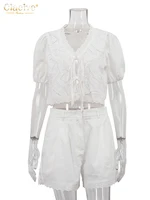 Clacive Sexy Loose White Cotton 2 Piece Sets Women Outfit 2025 Summer Short Sleeve Shirt With High Waist Shorts Set Streetwear - Image 5