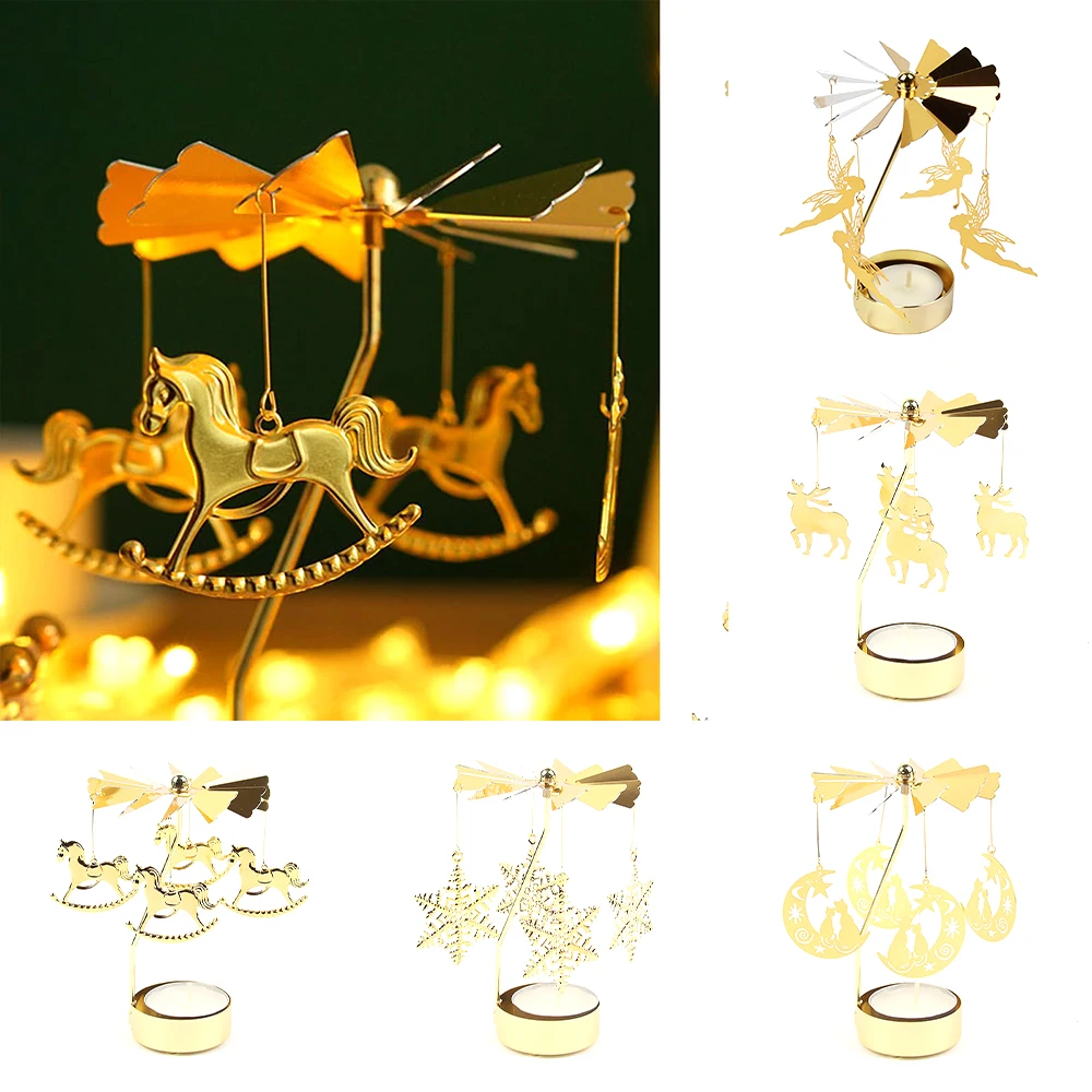 Golden Rotating Candle Holder Romantic Metal Tealight Candle Holder For Christmas Home Decoration Dinner Wedding Bar Party