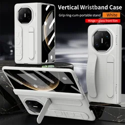 Multifunctional Kickstand Wrist Strap Folding Tempered Glass Protective Case for Huawei Mate X3 (Gray White)
