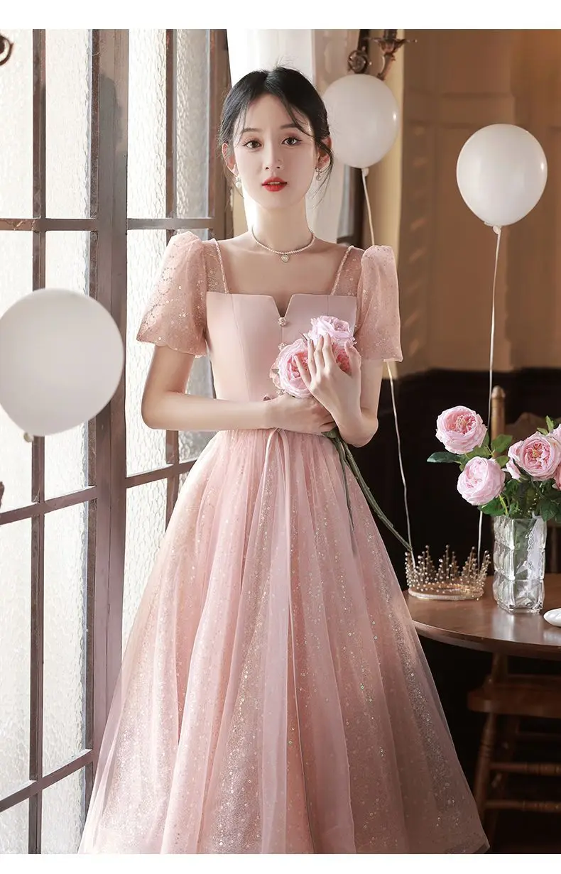 french-luxury-square-neck-pink-evening-dress-for-women-new-banquet-style-bridesmaid-dress-girl-birthday-party-evening-dresses