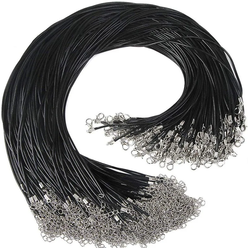 100PCS 1.5mm Black Wax PU Leather Cord Rope Necklace Rope 43+5cm Chain Lobster Clasp DIY Jewelry Accessories