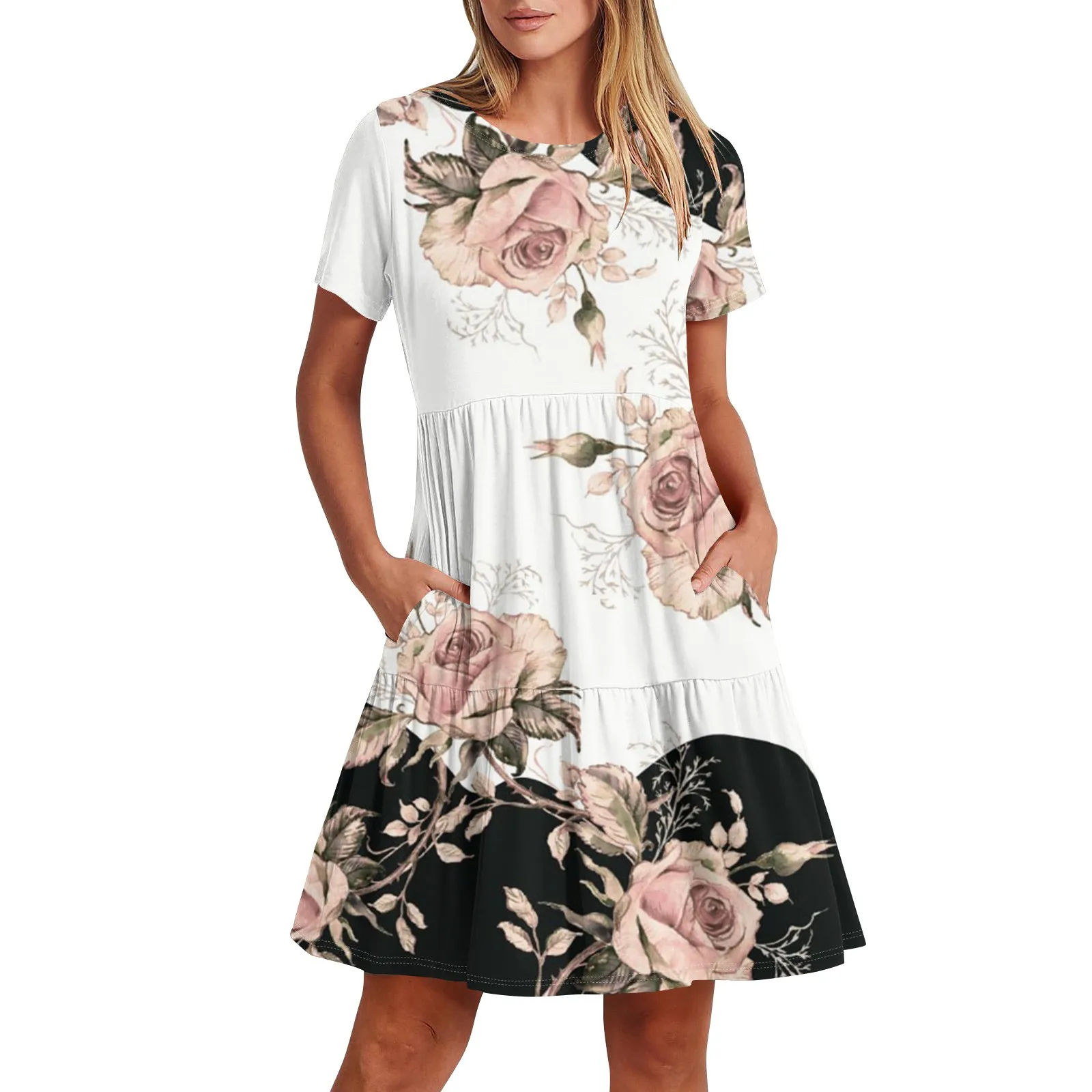 

Высококачественное женское повседневное модное платье миди с круглым вырезом и коротким рукавом и принтом 2024 в Корейском стиле с карманами летнее платье