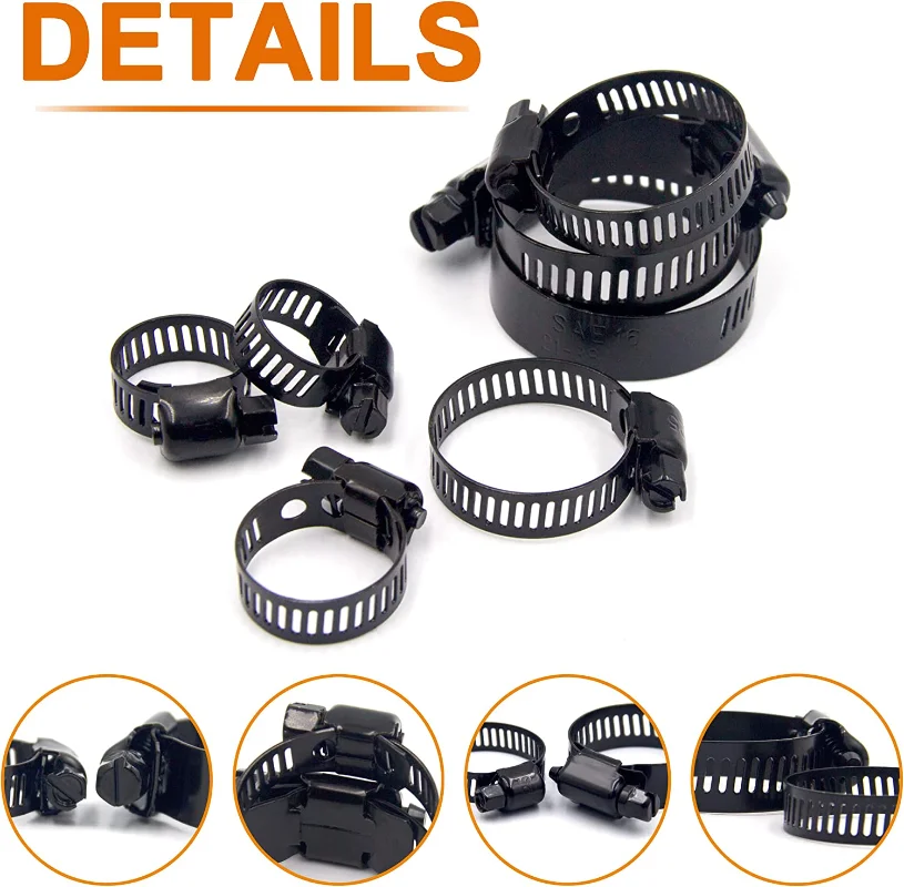 60pcs Hose Clamps Stainless Steel Adjustable 6-38mm Range Worm Gear Black Drive Hose Cllips for Woodworking Spring Clamp