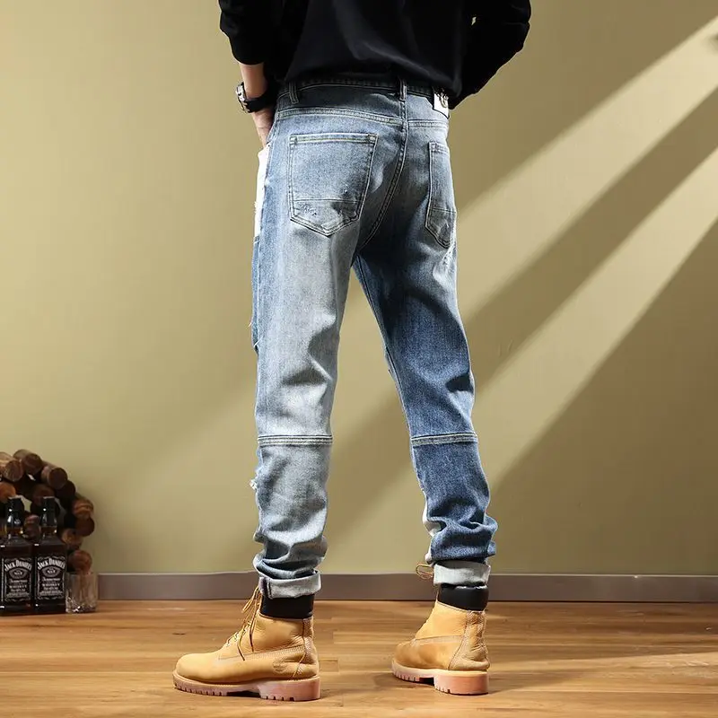 Fashion Brand Embroidery Handsome Personality Jeans Men's New Vintage Patch Patched Broken Motorcycle Youth Pants