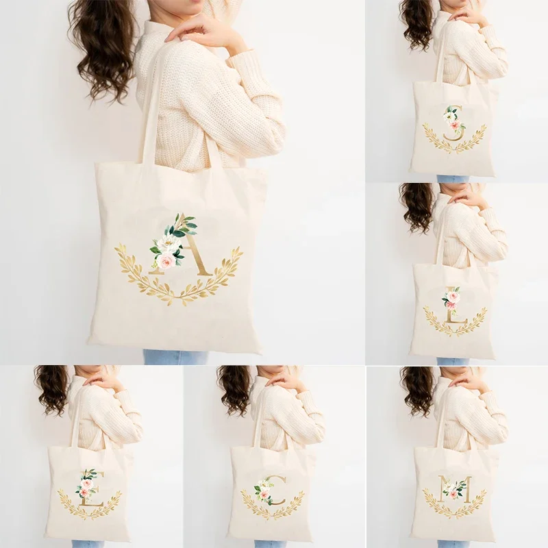 

Floral Initial Shopping Tote Bag for Lady Canvas Tote Handbag Designer Shoulder Cloth Bags Shopper Organizer High-capacity Case