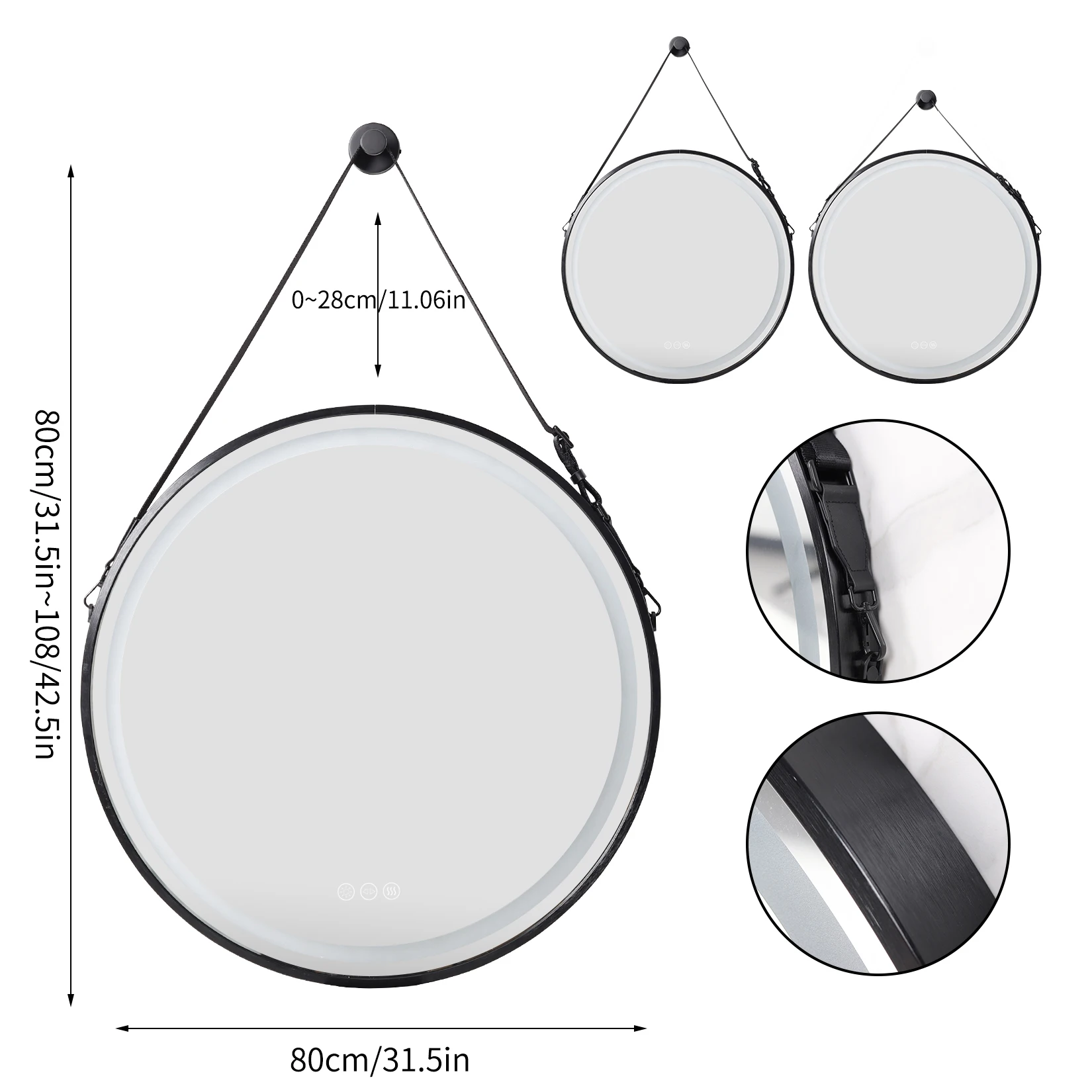 Round LED Illuminated Bathroom Mirror Hanging Wall Vanity Mirror Demister Dimmable Aluminum Fram HD Glass 4