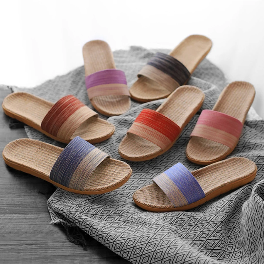 18 Colors Linen Beach Slippers Men Large Size Home Shoes Flip Flops Man Indoor Bathroom Slides Unisex Family Slippers soft slippers summer slippers