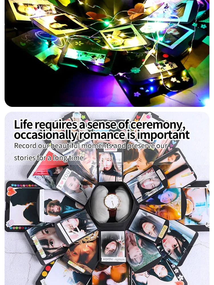 Personalized explosion box album with photos and embellishments