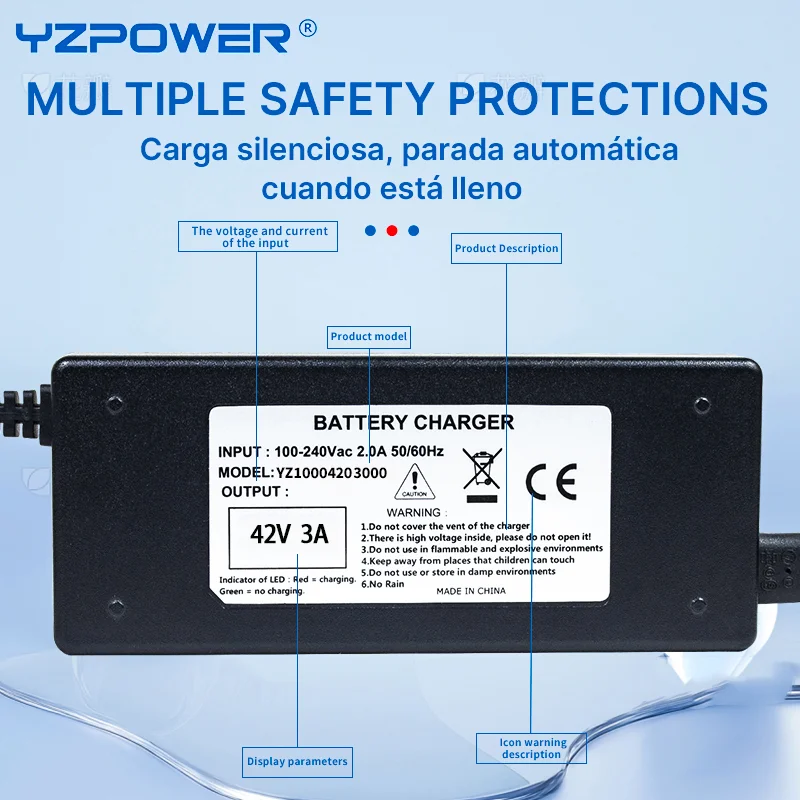 YZPOWER 42V 3A 리튬 배터리 충전기 투롤/젯슨/고트락스용 36V 전동 스쿠터/전동 자전거 충전 스마트 CC-CV 충전기 LED 램프
