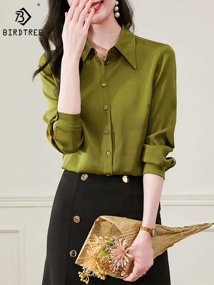 

Элегантная женская рубашка BirdTree из 91.8% натурального шелка, однотонная модная блузка в офисном стиле с длинным рукавом и отложным воротником, весна 2024, T43407QM, 19 мм