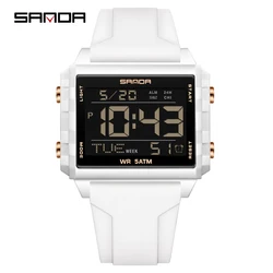 Unisex Trendy Rectangle Digital Sports Watch - Waterproof with LED Backlight (White gold)