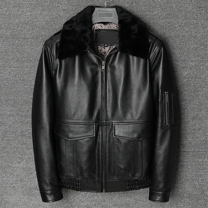 

2023 New Air Force Flight Genuine Cow Leather Men's Jacket Detachable Wool Collar Thicken Warm Cowhide Clothes Men