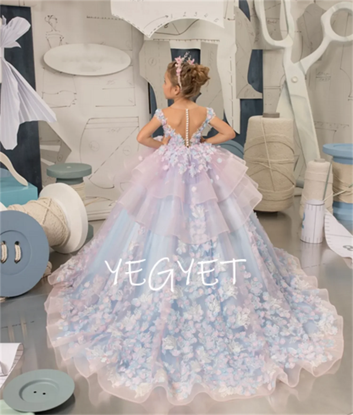 

Небесно-голубое кружевное платье для маленьких девочек, детские платья с цветами, платье принцессы, милое платье для первого причастия, Пышное Платье