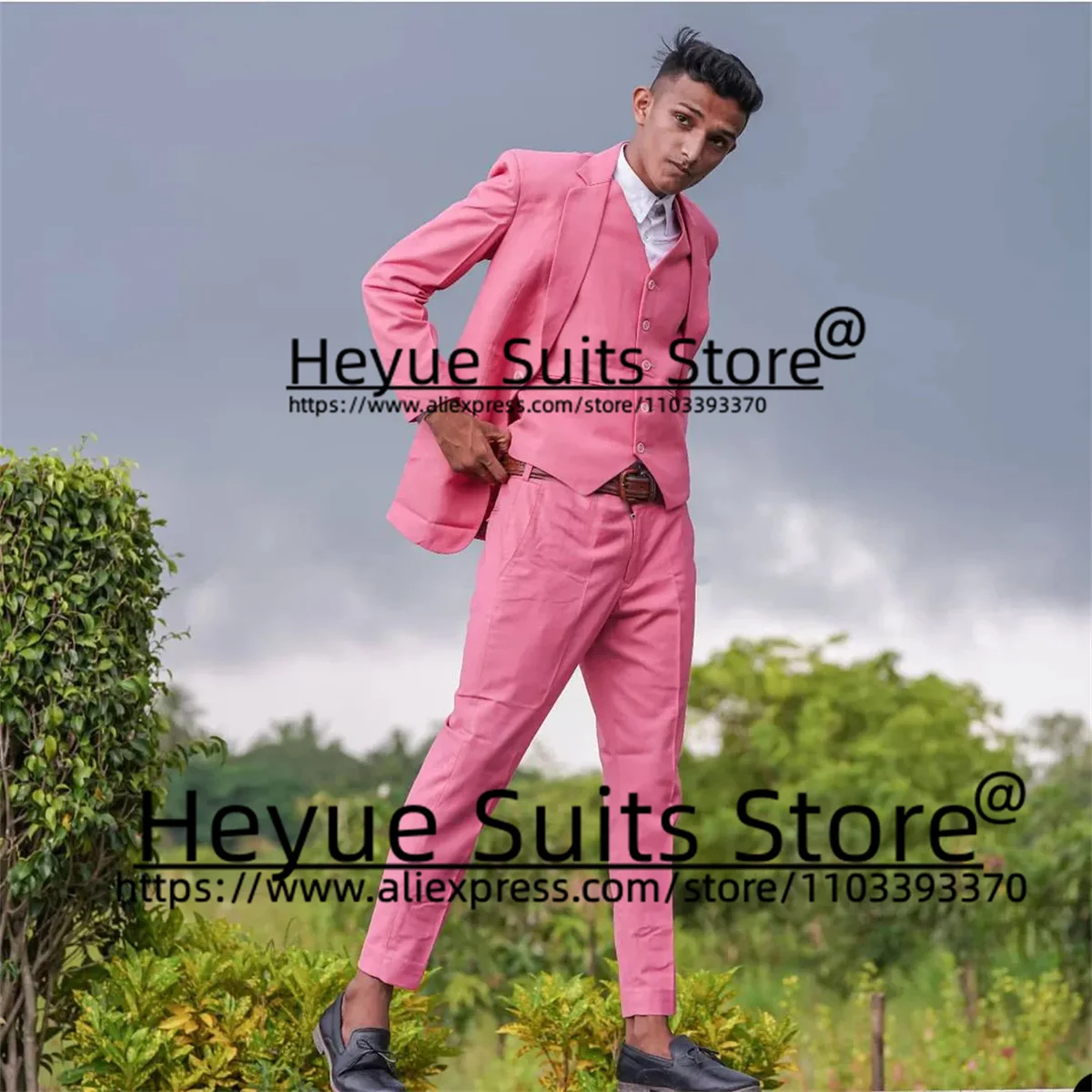 

Pink Formal Wedding Suits For Men Slim Fit Notched Lapel Groom Prom Tuxedos Party 3Pieces Sets Elegant Male Blazer Costume Homme