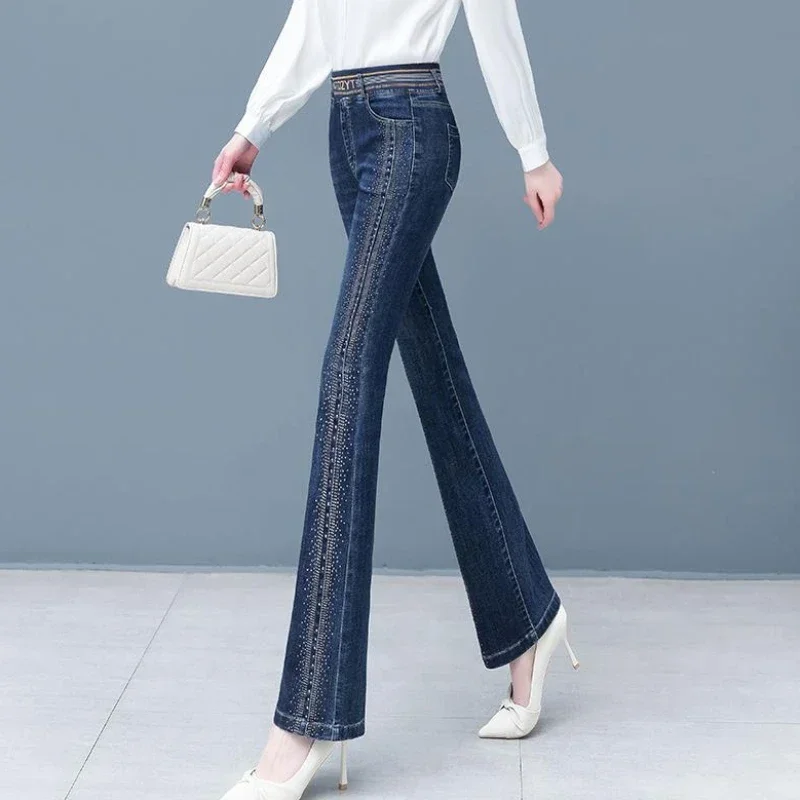 

With Rhinestones Flared Women's Jeans High Waist Shot Pockets Pants for Woman Flare Trousers Blue Bell Bottom Clothes Wide Leg Z