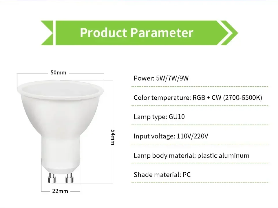 Description Picture 4 of itemGU10 WiFi Smart Bulbs 220V 110V 5W 7W 9W Tuya Smart GU10 LED Lamp Spotlight RF 2.4G Remote Grounp Control Alexa Geogle Home