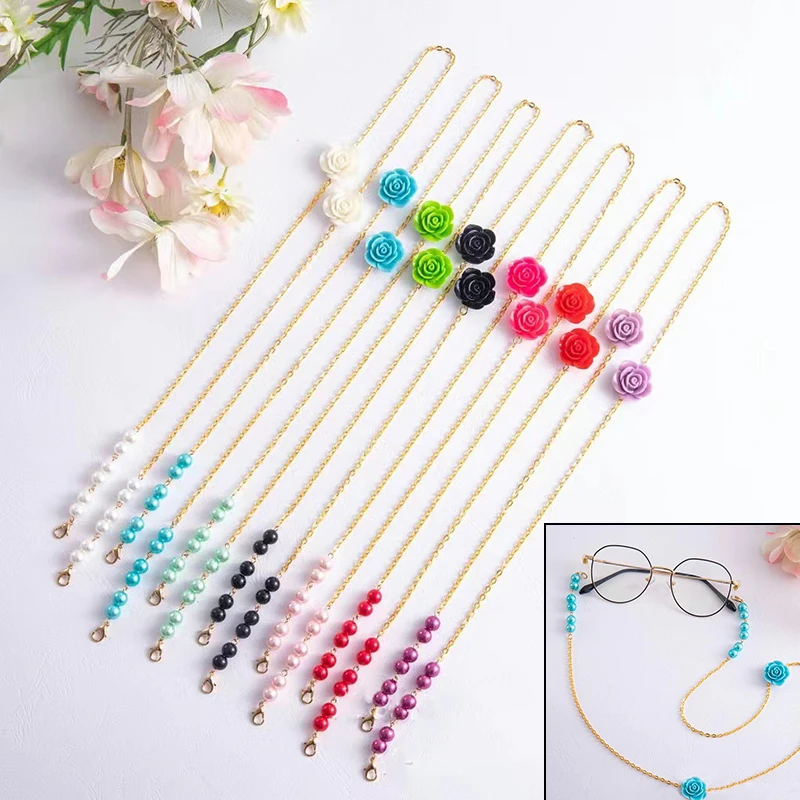 Fashion Sunglasses Chain Pearl Mask Lanyard Holder Reading Glasses Strap Lovely Rose Neck Cord Hang on Neck Eyewear Accessories
