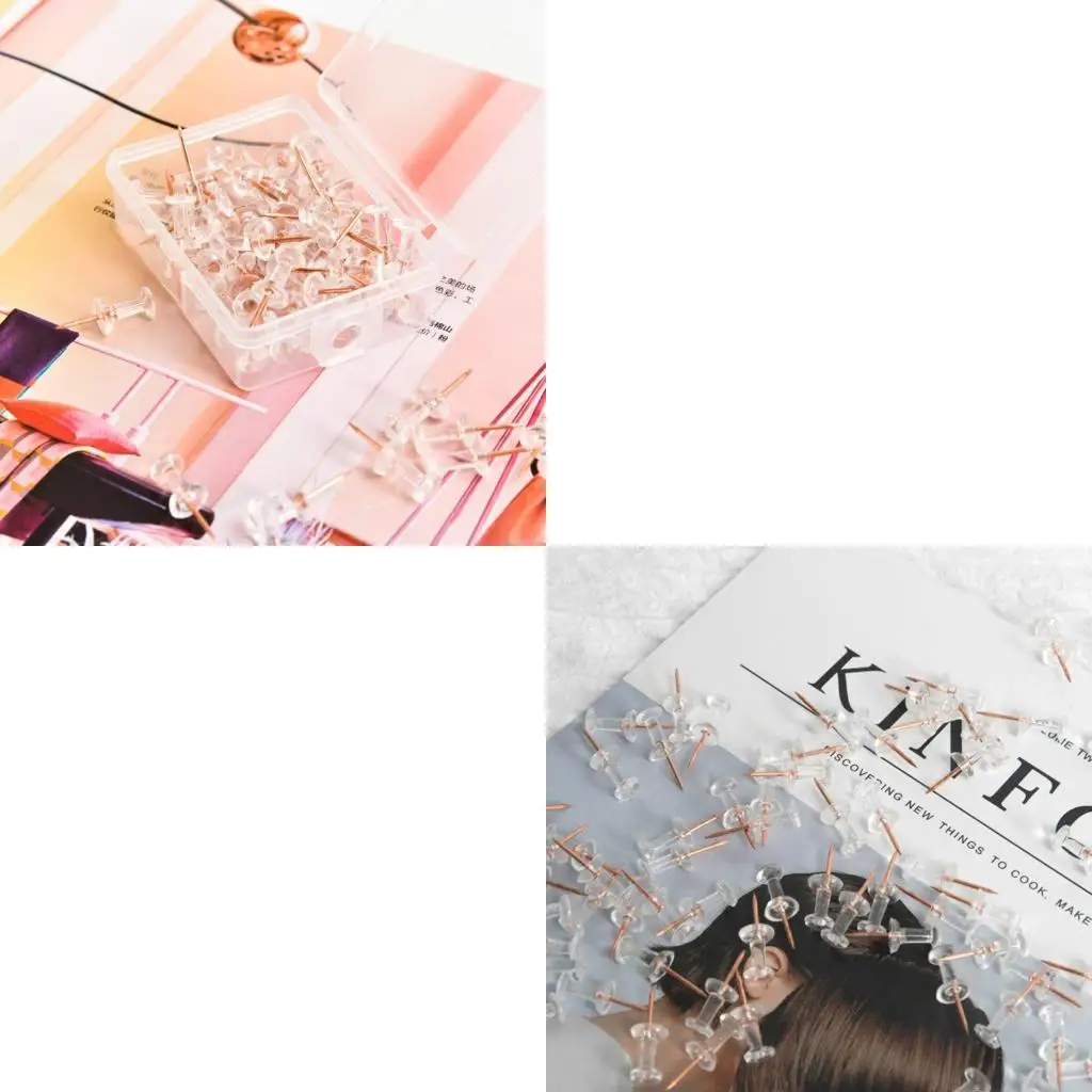 100개 투명 로즈 골드 푸시 핀 엄지 압정 보드 핀 드로잉 사진