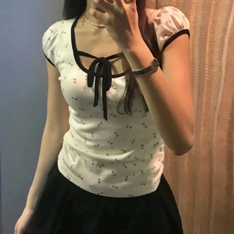 Y2K 여성용 뱅지 러플 패치워크 티셔츠, 귀여운 그런지 스퀘어넥, 미적인 한국 반팔 크롭탑, 빈티지 여름 신상