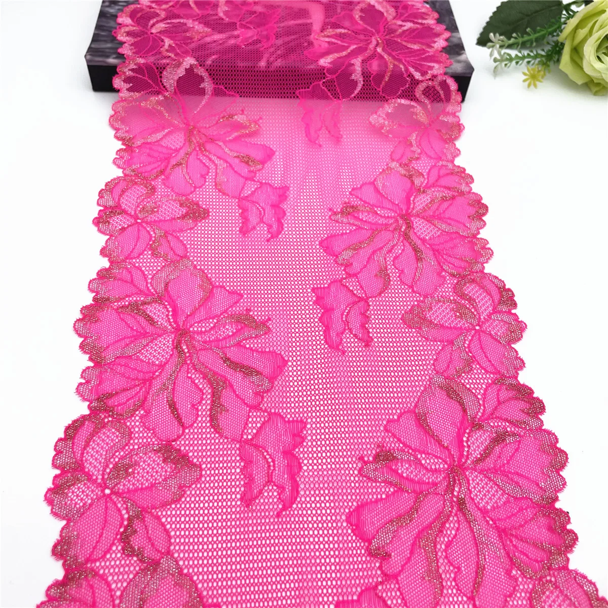3y/lot Width 9inch 23cm Hot Pink Shiny Elastic Stretch Lace Trim 5