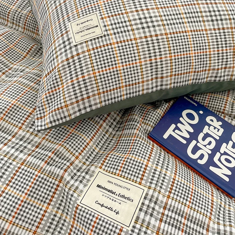 Nordic Plaid Pattern Wash Cotton Bedding Set Duvet Cover Pillowcase Bed Sheet Set Comforter Cover Bed Linens Set Queen King Size 6