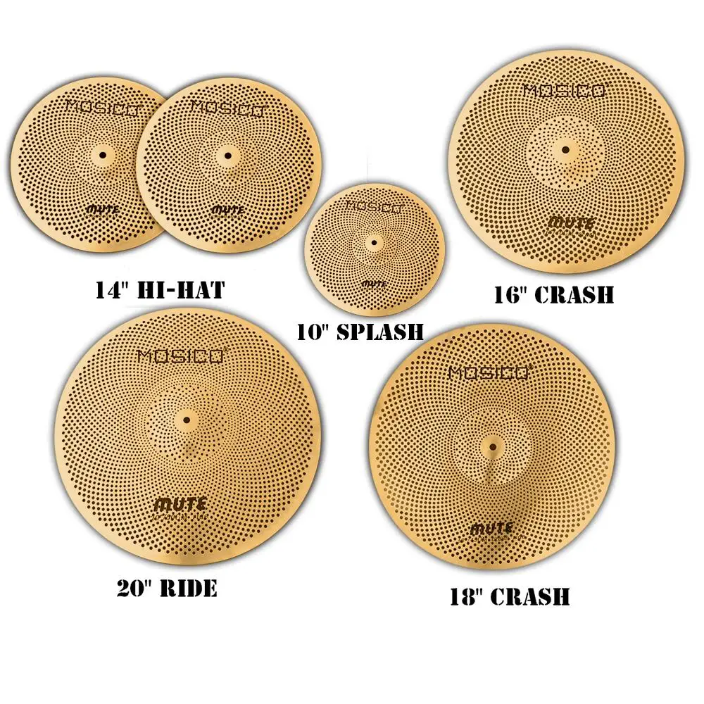 6 Pieces Gold Low Volume Cymbal Set 10" Splash+14" Hi-Hat+16" Crash+18" Crash+20" Ride+Bag for Durm Set