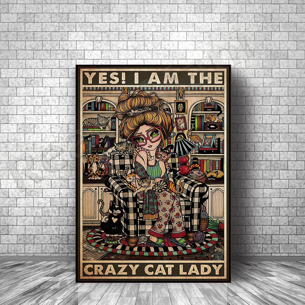 

Yes I'm Crazy Cat Girl Typographic Poster with Cat Wall Art, Cat Art, Gifts for Cat Lovers