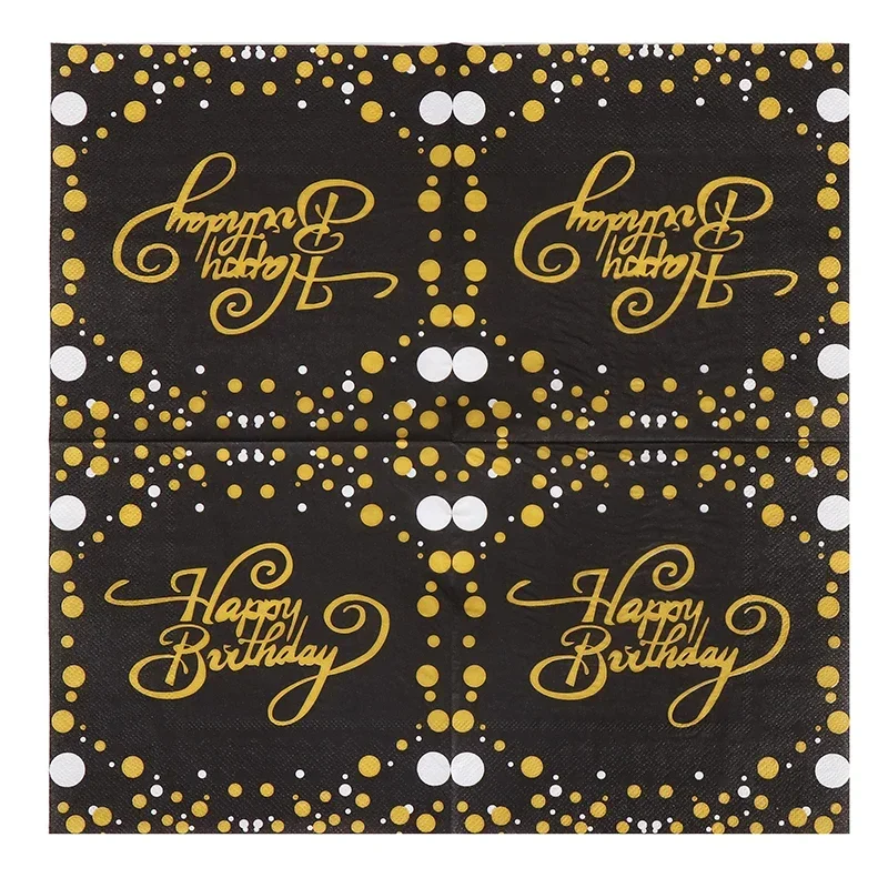20pcs/Pac 33cm New Black and Gold Birthday Printing Paper Napkins Party Colorful Letter Happy Birthday Pure Wood Pulp Paper paper napkins