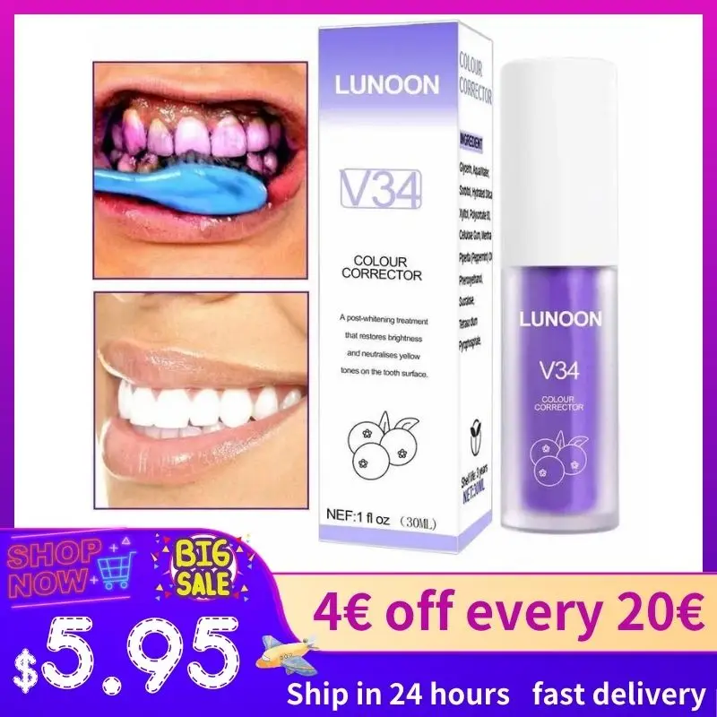 V34 Teeth Whitening Toothpaste Tooth Colour Corrector 30ml Enamel Care Toothpaste Intensive Stain Removal Reduce Yellowing