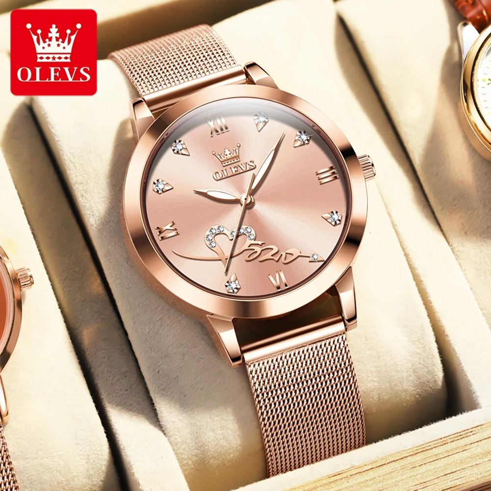 OLEVS Brand Fashion Quartz Watch for Women Rose Gold Stainless Steel Mesh Strap Luxury Diamond Womens Watches Relogio Feminino