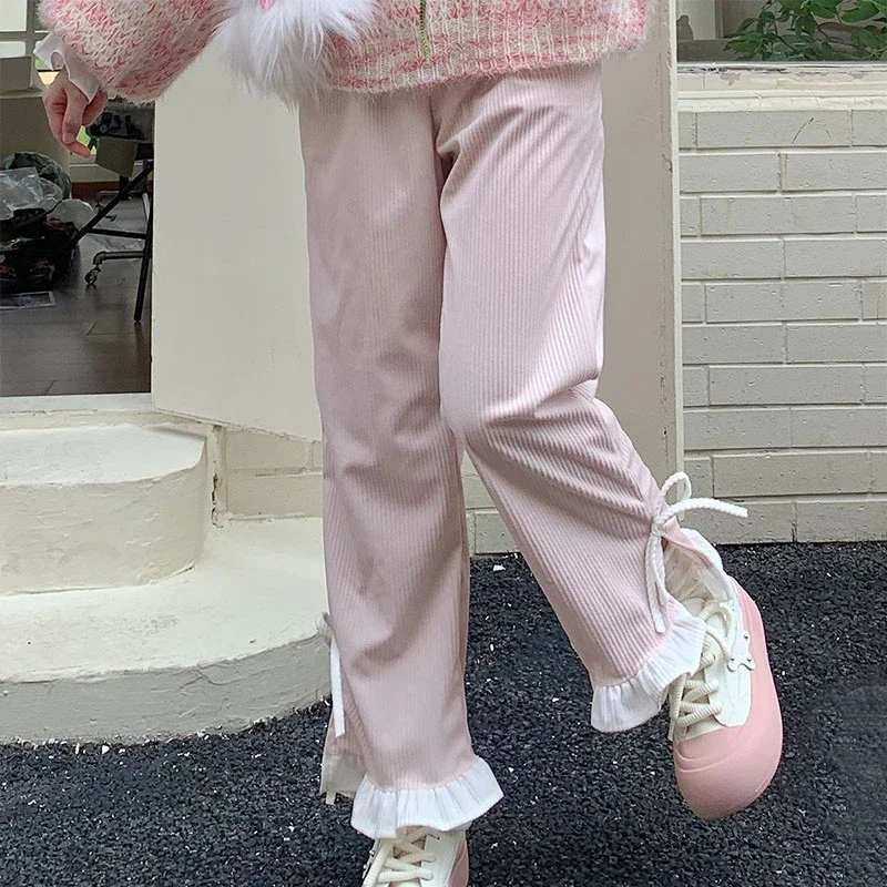 

Милые женские розовые вельветовые брюки с бантом, с высокой талией и оборками, с боковым поясом, с широкими штанинами, милые спортивные брюки