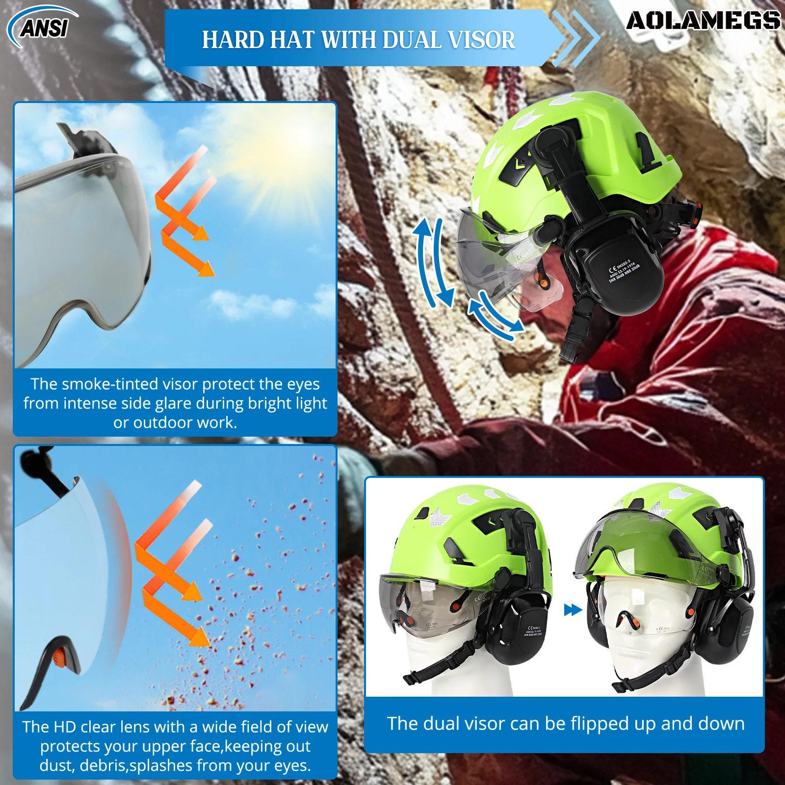 CE Construction Safety Helmet with Double Goggles Reflective Stickers Earmuffs ANSI Hard Hat Industrial Working Cap for Engineer