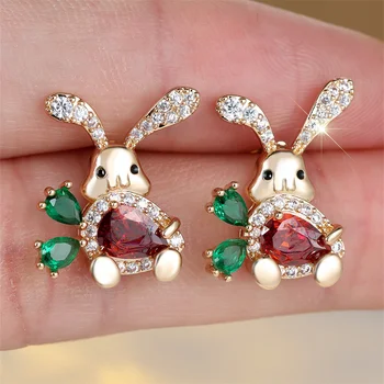 Cute Carrot Small Rabbit Stud Earrings For Women Red Green Crystal Water Drop Stone Earring Vintage Gold Silver Color Jewelry