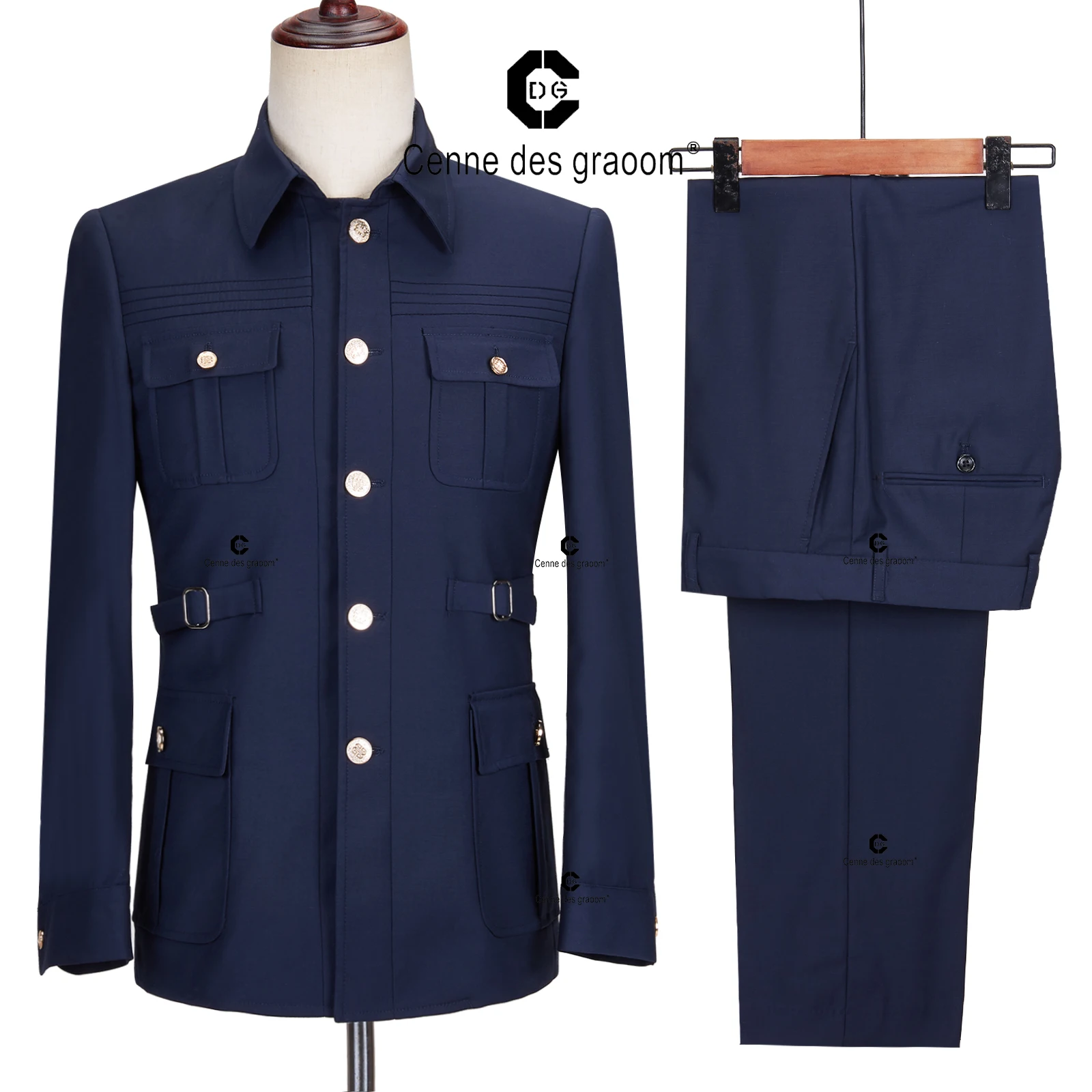 Mens Suit Cenne Des Graoom Safari Men Suits Gold Button Square Collar Tailor-Made Formal Casual Business Official Wear Costume Homme Blue
