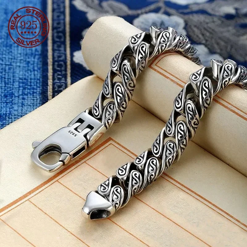 S925 silver personality Tang grass pattern bracelet all-powerful hip hop street hipster European and American fashion bracelet