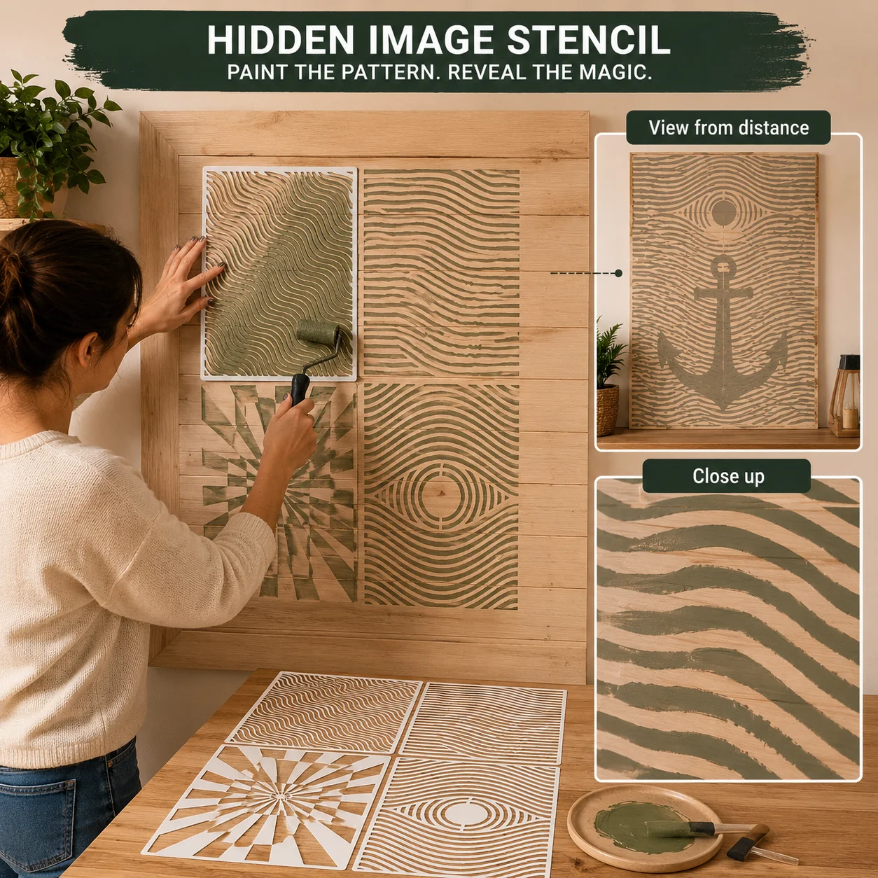 4PCS A4 8.3 x 11.7인치 착시 효과 스텐실 DIY 나무 벽 캔버스 공예용 추상 라인 페인팅 템플릿