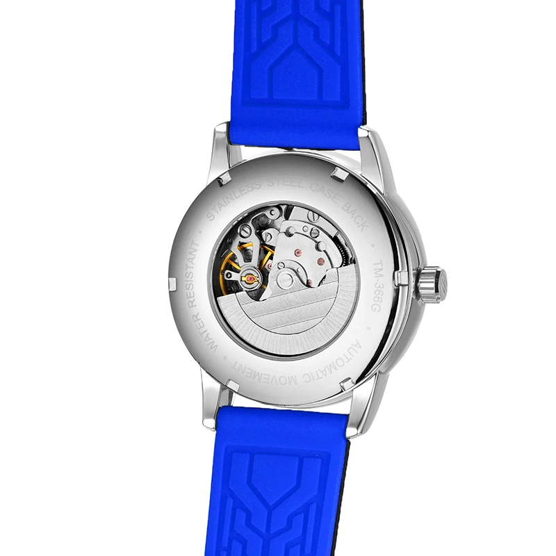 Forsining Orologio da polso automatico da uomo di lusso bianco blu Orologio meccanico impermeabile trasparente Orologio sportivo da uomo con cinturino in silicone_voghion.com