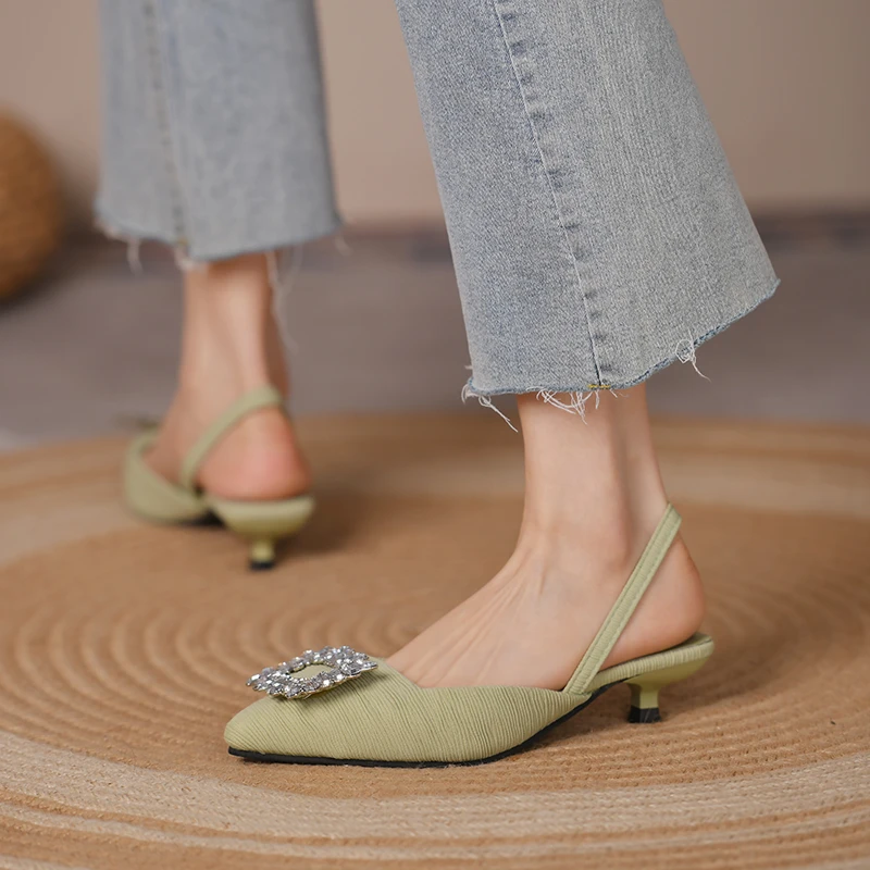 French satin temperament toe sandals women shoes spring and summer 2021 mid-heel Non-slip shoes pointed toe single shoes women W