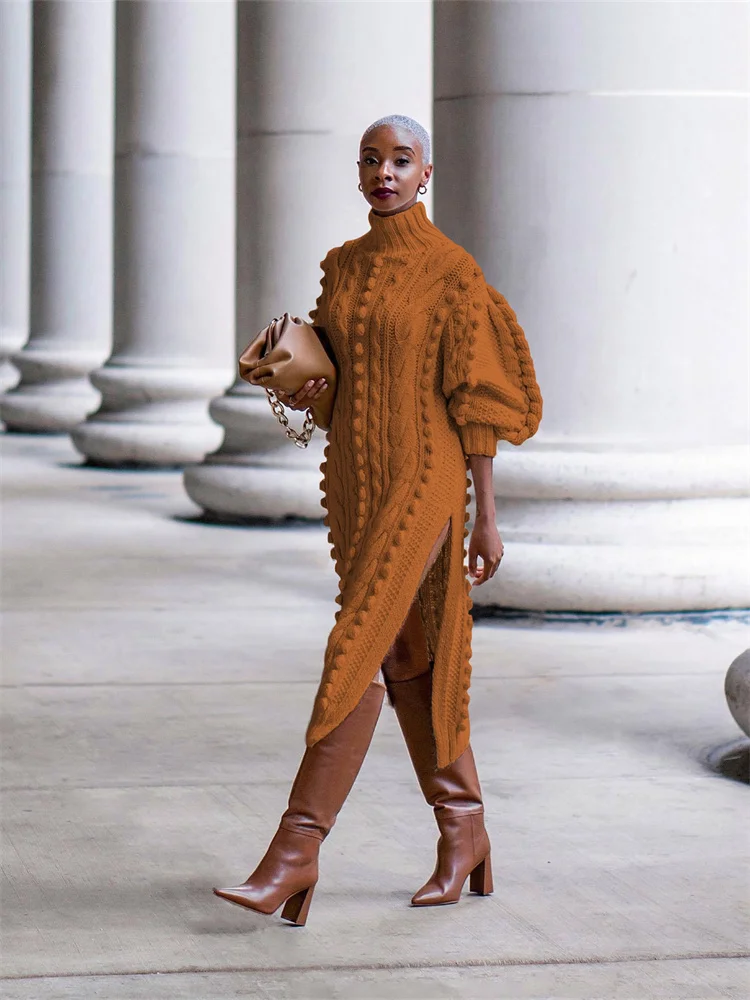 Wmstar 2024 Winter Women's Casual Pullover Long Sleeve High Neck Slit Knitted Good Quality Long Dresses Wholesale Dropshipping