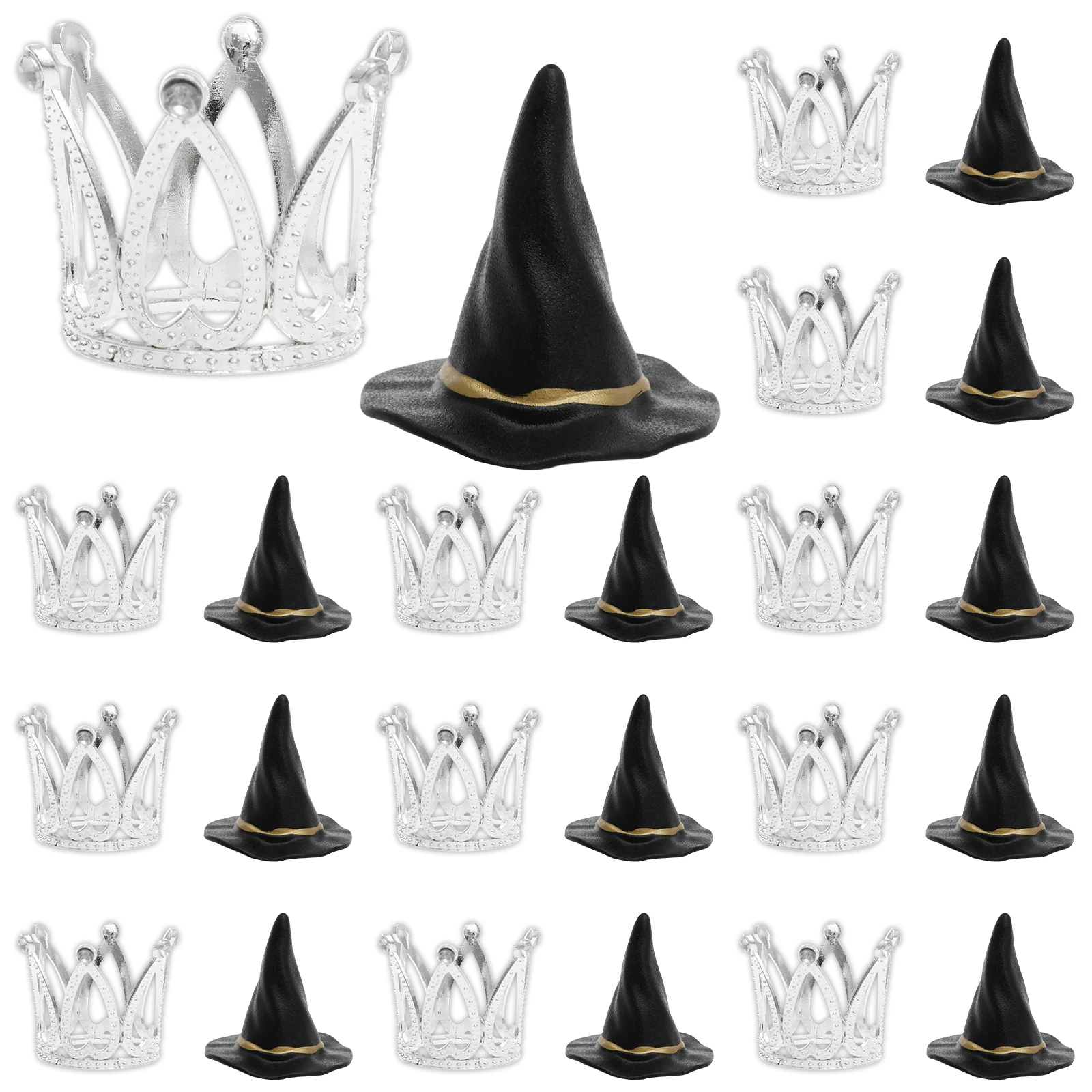 24Pcs Witch Hat and Crown Cake Topper Decor Birthday Cupcake Favors Silver Crown Decor Princess Cake Halloween Party Accessory